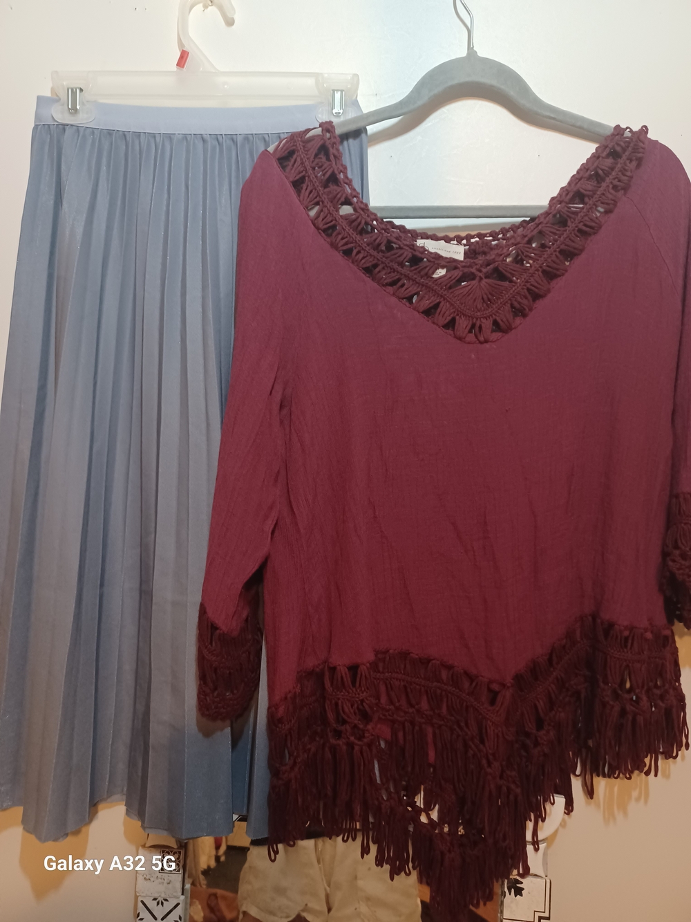 Women’s Boho Crochet-Trim V-Neck Top in Burgundy With Blue Lined Skirt